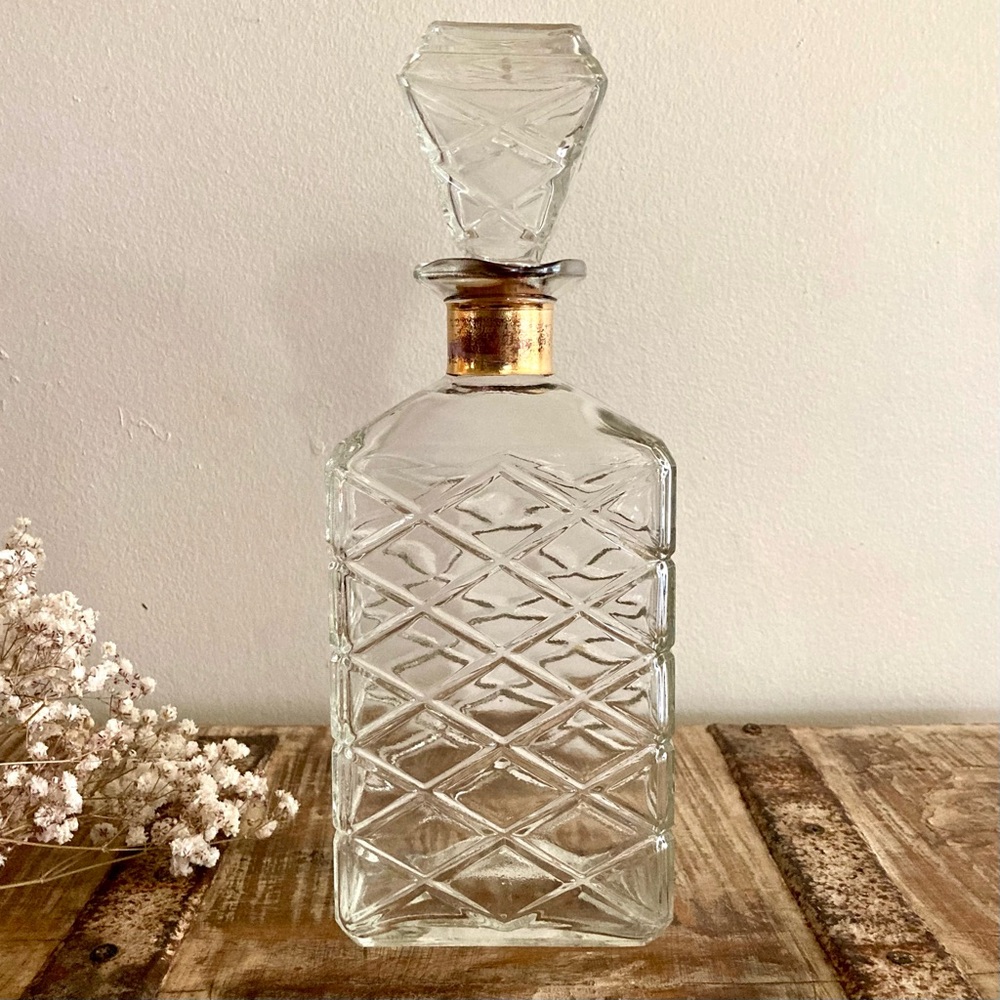 Mid-Century Glass Decanter with Diamond Pattern